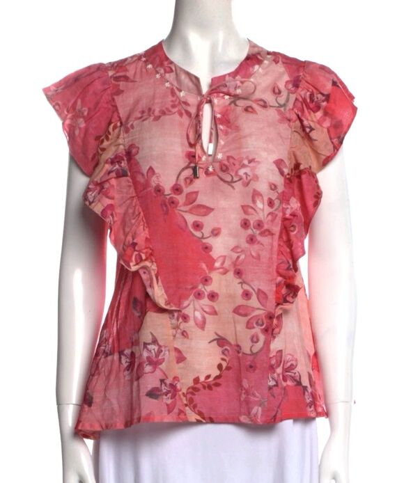 Express Tops - Chufy Floral Blouse XS Pink Silk Cotton Ruffle Boho Sheer Top Women